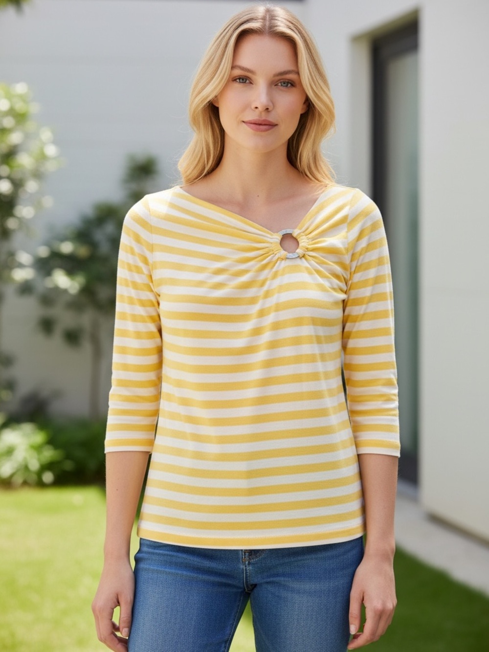 MICHAEL Michael Kors Yellow and White Striped Ring-Neck Long Sleeve Top
